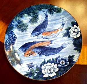 Vintage 12" Tahimi Blue Japanese Porcelain Koi Fish Charger Platter - Picture 1 of 9