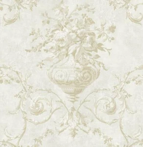 Wallpaper Cream Tan Ivory Floral Bouquet in Vase With Leaf Scroll ,56 sq ft bolt - Picture 1 of 1