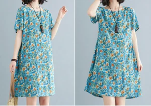 Mujeres Algodón Lino Ropa Floral Vestido Medio Cuello Redondo Manga Corta - Imagen 1 de 6