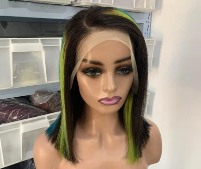 Peluca recta bob corta resaltada negra verde 4x4 frente de encaje peluca de cabello 100 % humano   Foto 1 de 4