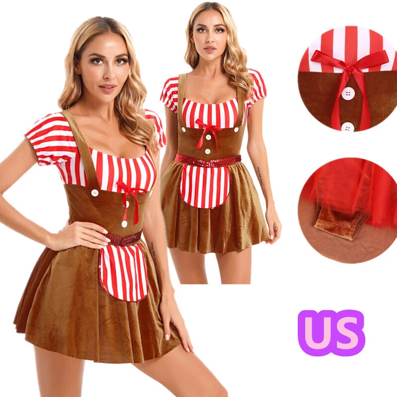 女式装扮姜饼服装圣诞角色扮演派对天鹅绒连衣裙 — 第 1/1 张图片