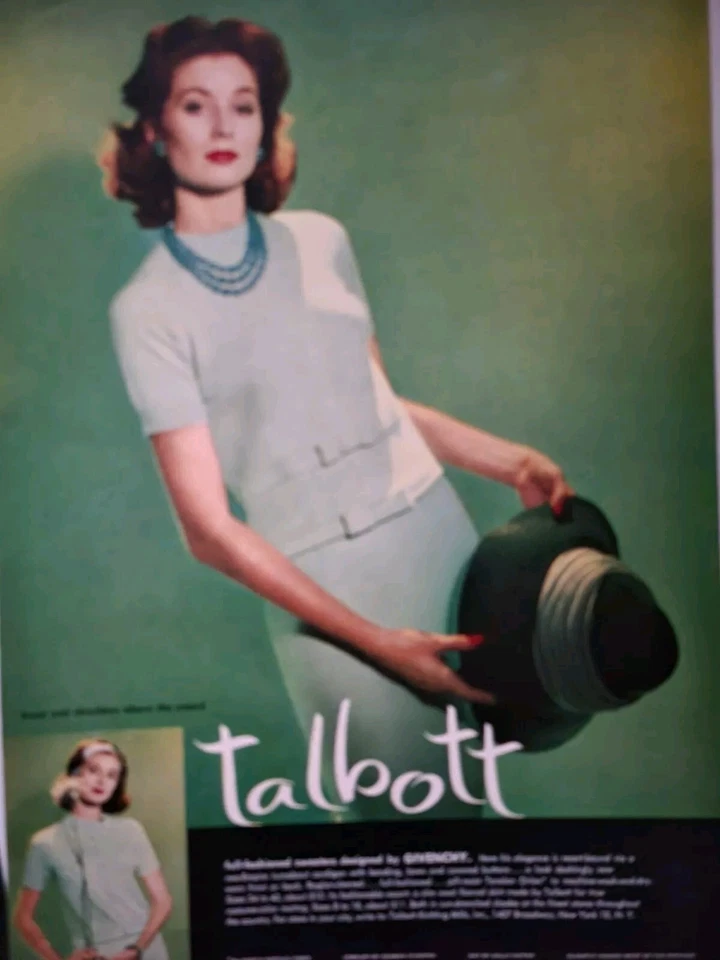 1958 Talbott tejido suéter verde para mujer de Givenchy Suzy Parker anuncio de colección Foto 1 de 1