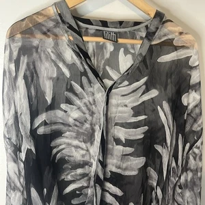 Lilith 100% Silk Gray & Black Abstract Palm Leaves Flouncy Sheer Blouse - Picture 1 of 9