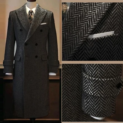 Wool Blend Herringbone Tweed Men Overcoats Long Coats Double Breasted Peak Lapel - Image 1 of 4
