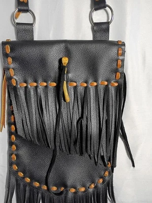 Handmade Black Leather Boho type Crossbody Bag, Fringe, Bone Closure, Western - Image 1 of 4