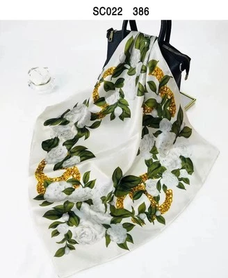 Cachecol 26"X26" branco estampa camélia pura seda cetim amoreira 12momme 65x65cm5-88 - Imagem 1 de 3