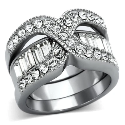 2PCS Stainless Steel CZ Baguette Eternity & Pave Cross Over Wedding Ring Set - Image 1 of 4