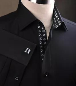 Camicia sexy puro poplin nero poplin formale evento cena fluer-de-lis fodera interna - Foto 1 di 8