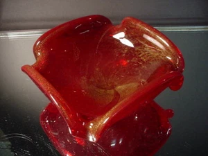 Scarce Seguso Glass Vintage Controlled Bubble Sq. Bowl Red & Gold Leaf Murano - Picture 1 of 7
