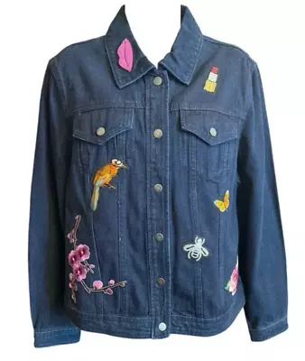 NY Collection Women's Denim Jacket Embroidered Patch Dark Wash Size L NEW - Image 1 of 4