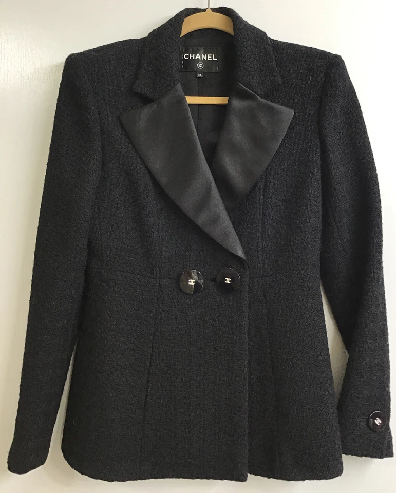 Chanel Tux Jacket Black Satin Lapel Round Front Buttons Rhinestone CC Size 38 - Image 1 of 4