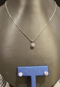 10k Weißgold zierliche 18" Box Kette Kristall Anhänger mit Kristall Stein Ohrringe - Bild 1 von 5