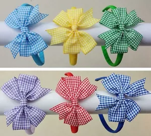 3" Newstyle Gingham Hair Bows School Headbands Alice Bands Alicebands Hair bands - Picture 1 of 6