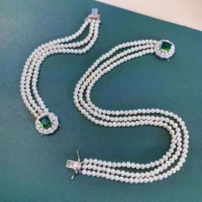 Triple Strands 4-5mm South Sea White Pearl Necklace18" &bracelet 7.5-8" - Image 1 of 3