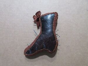 ANTIQUE LEATHER & FABRIC BOOT SHOE PIN CUSHION 