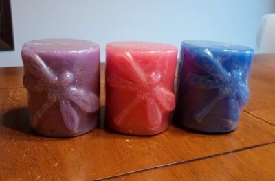 Set of 3 Luminessence Dragonfly Pillar Candles Blueberry Pink Rose Purple Lilac - Image 1 of 4