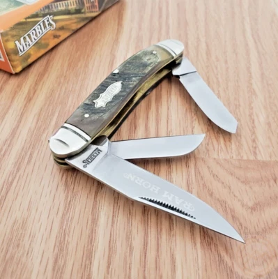 Faca pasta de bolso mármores Stockman lâminas de aço inoxidável cabo de chifre de carneiro - Imagem 1 de 4