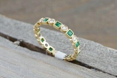 2CT Lab-Created Green Emerald Diamond Engagement Ring Band 14K Yellow Gold Over - Image 1 of 4