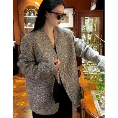 Temperament Silver Coat Spring Shiny Suit Coat Womens V-neck Mis Length Jackets - Image 1 of 4