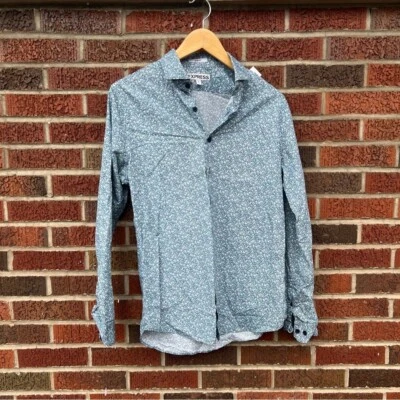 Camisa de vestir Express azul azulado mini floral ajustada con botones Foto 1 de 3