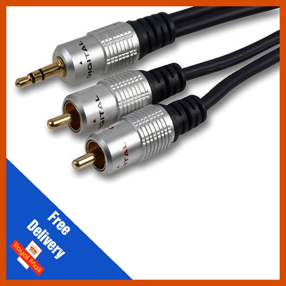 5m Stereo 3.5mm Jack Plug to Twin 2x Phono RCA Audio Lead | Gold Connectors - Image 1 of 1