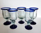5 Vintage Hand Blown Mexican Cobalt Blue Tulip Margarita Wine Water Goblets Set