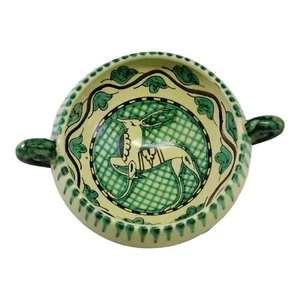 Plato pequeño vintage italiano Orvieto doble mango ciervo antílope verde crema - Imagen 1 de 15