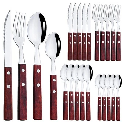 Besteckset 24 teilig Edelstahl Holzgriff Messer Gabel Löffel Geschirr Set - Bild 1 von 3