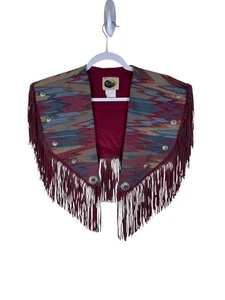 Western Collection Womens Fringe Vest Small Aztec Print Burgundy & Multicolor Ma - Picture 1 of 8