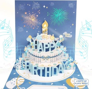 Musical Birthday Cards with Light and Music, Blowable, 3D Popup Blue - Picture 1 of 8