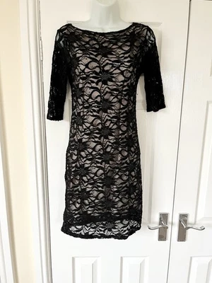 Party Dress Size 12 Black Lace Sparkly  Stretch Knee Length Xmas NYE Fitted Evie - Image 1 of 4