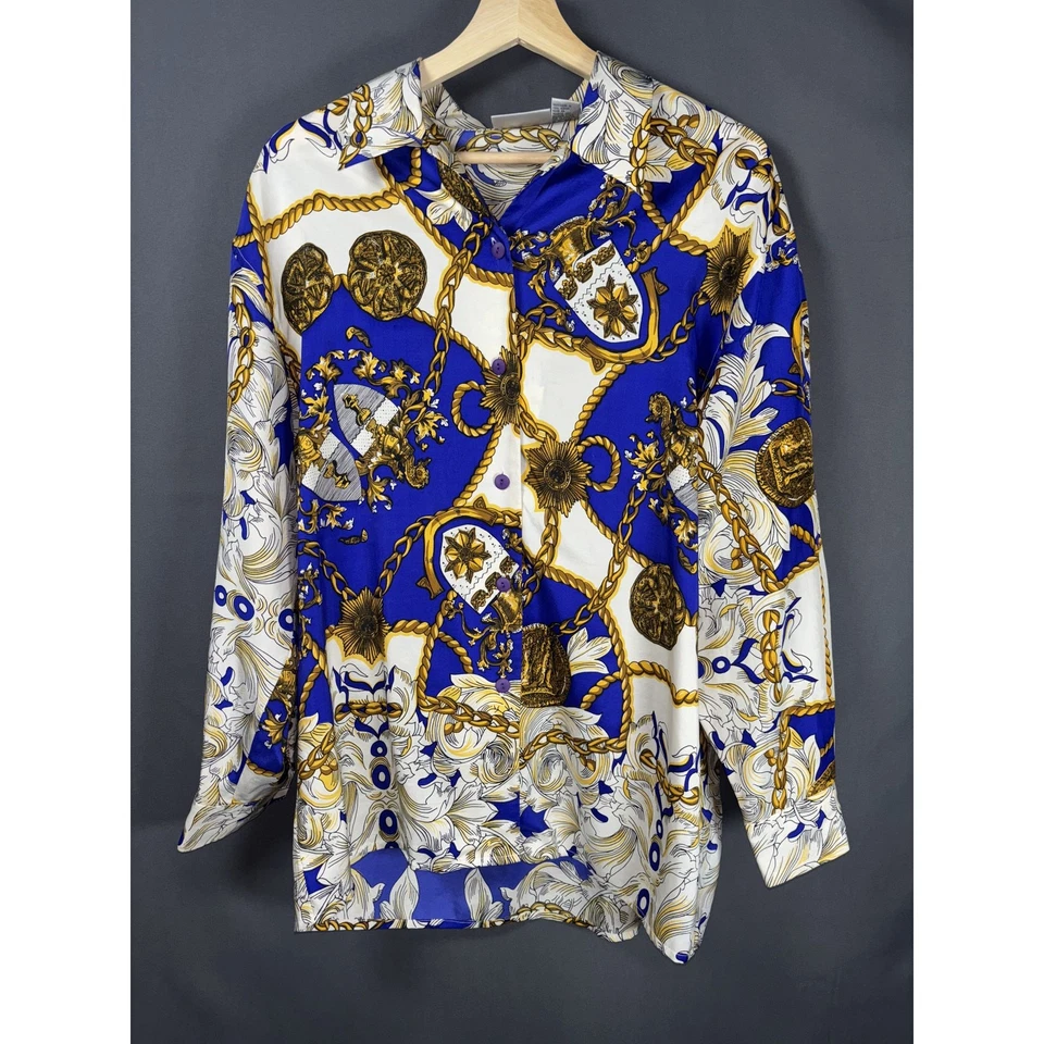 Camisa Nordstrom De Colección Años 80 Top Para Mujer 14 XL Azul Seda Dorado Estampado Barroco Botones Foto 1 de 4