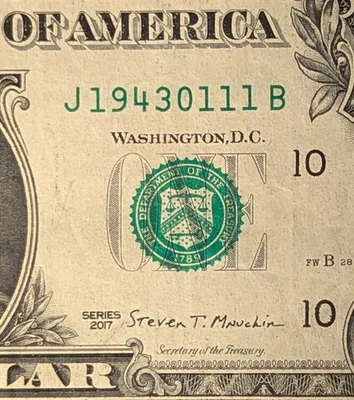 2017 $1 bill fancy serial, historic date note January 11, 1943 J 19430111 B WWII - Image 1 of 3