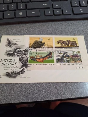 1970 First Day cover 6c stamps (4) Natural History reptile elephant Haida canoe  - Image 1 of 3
