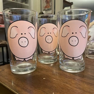 Vintage 3, Indonesia Pink Pig Drinking Glass Tumbler Barware - Picture 1 of 16