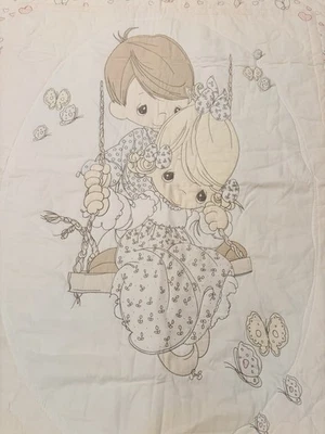 Precious Moments Nursery Quilt Panel Boy & Girl on Swing White & Pastels 44x33 - Image 1 of 4