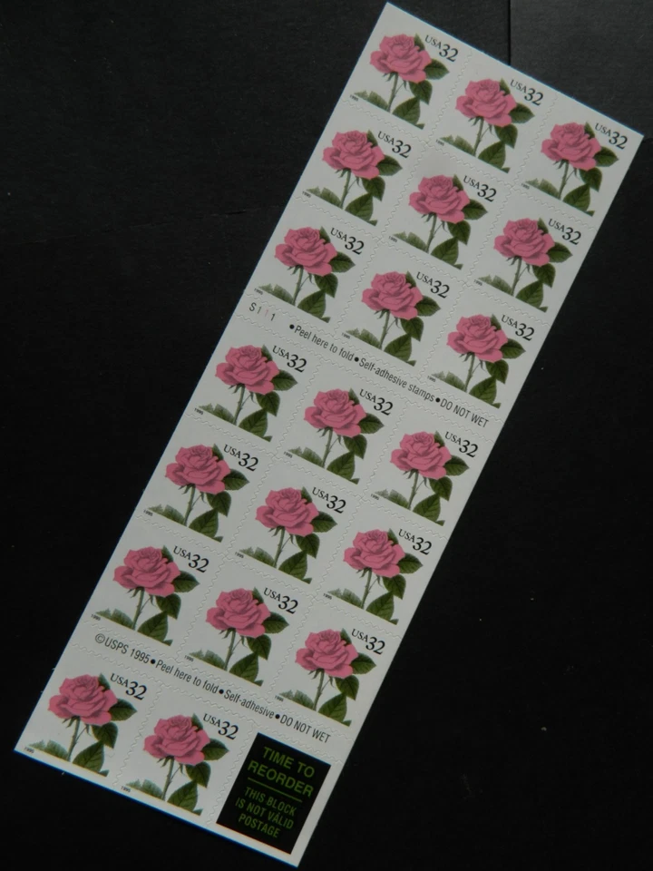 US SC# 2492a PINK ROSE MINT BOOKLET PANE OF 20 P#S333 - Image 1 of 1