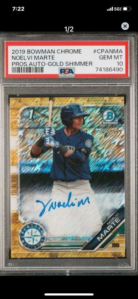 2019 Bowman Chrome Autographs Noelvi Marte Gold Shimmer Ref Auto PSA 10 #15/50 - Image 1 of 1