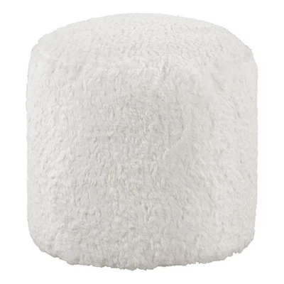 Modern Pouf Ottoman- 16 Inch Round w Fluffy Off White Faux Fur Texture - Image 1 of 4