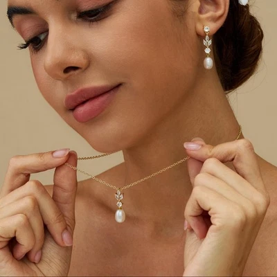 NEU Braut Diamant-Perlen-Halsketten-Ohrringe-Set, Kristall, Hochzeitsschmuck-Set - Bild 1 von 4