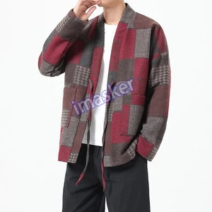 Nuevo Abrigo Cárdigan Japonés Chino Para Hombre Moda Mezcla de Lana Retro Chaqueta a Cuadros - Imagen 1 de 27