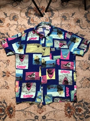 Jaws Shirt Mens XL Blue Multicolor Movie Shark Hawaiian Button Up Rayon Summer - Image 1 of 4