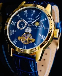 Minoir Herren Uhr Automatikuhr Armbanduhr Gold Blau Farben Herrenuhr Lederband* - Picture 1 of 5