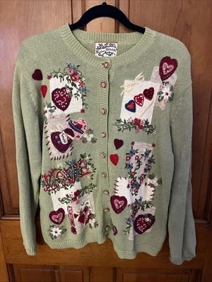 Cárdigan Heirloom Collectibles Talla L Corazones de San Valentín Tejido Cottagecore 2003 Foto 1 de 4