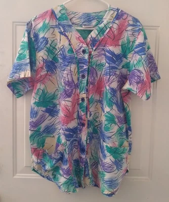 Women's Sz. M Multi-Color Floral Print Button Down Scrub Top, by BARCO, Preowned - Image 1 of 3