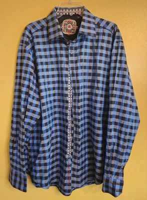 Robert Graham Shirt 2XL Gotham Blue Black Check Paisley Cuffs Embroidery XXL New - Image 1 of 4