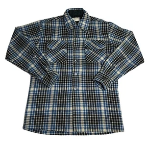 Vintage 70s Montgomery Ward Wool Flannel Board Shirt Men Small 14 1/2 Blue Black - Picture 1 of 6
