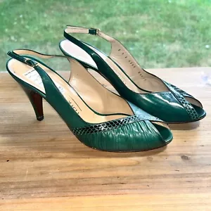 Bruno Magli Hunter Green Slingback Heels Size 9 Italian Leather Peep Toe 4" Heel - Picture 1 of 9