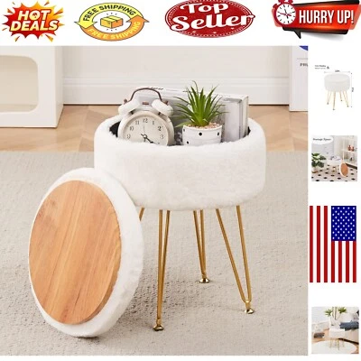 Versatile Round Faux Fur Ottoman - Stylish Storage Footstool for Vanity Use - Image 1 of 4