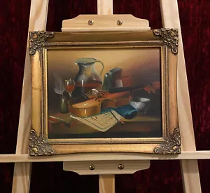 Vintage oil painting depicting 17th century desk violin quill still life signed - Picture 1 of 3